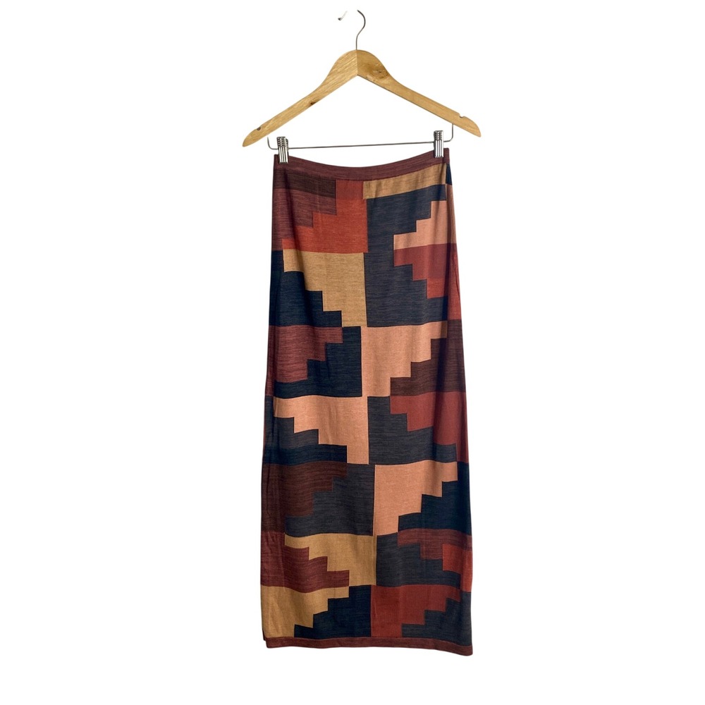 Peruvian Connection Pima Cotton Knit Geometric Block Print Maxi Skirt Boho FLAW